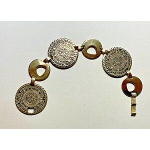 Sterling Silver Aztec Mayan Calendar Disc Link Bracelet Modernist Sun Dial 7.5 “
